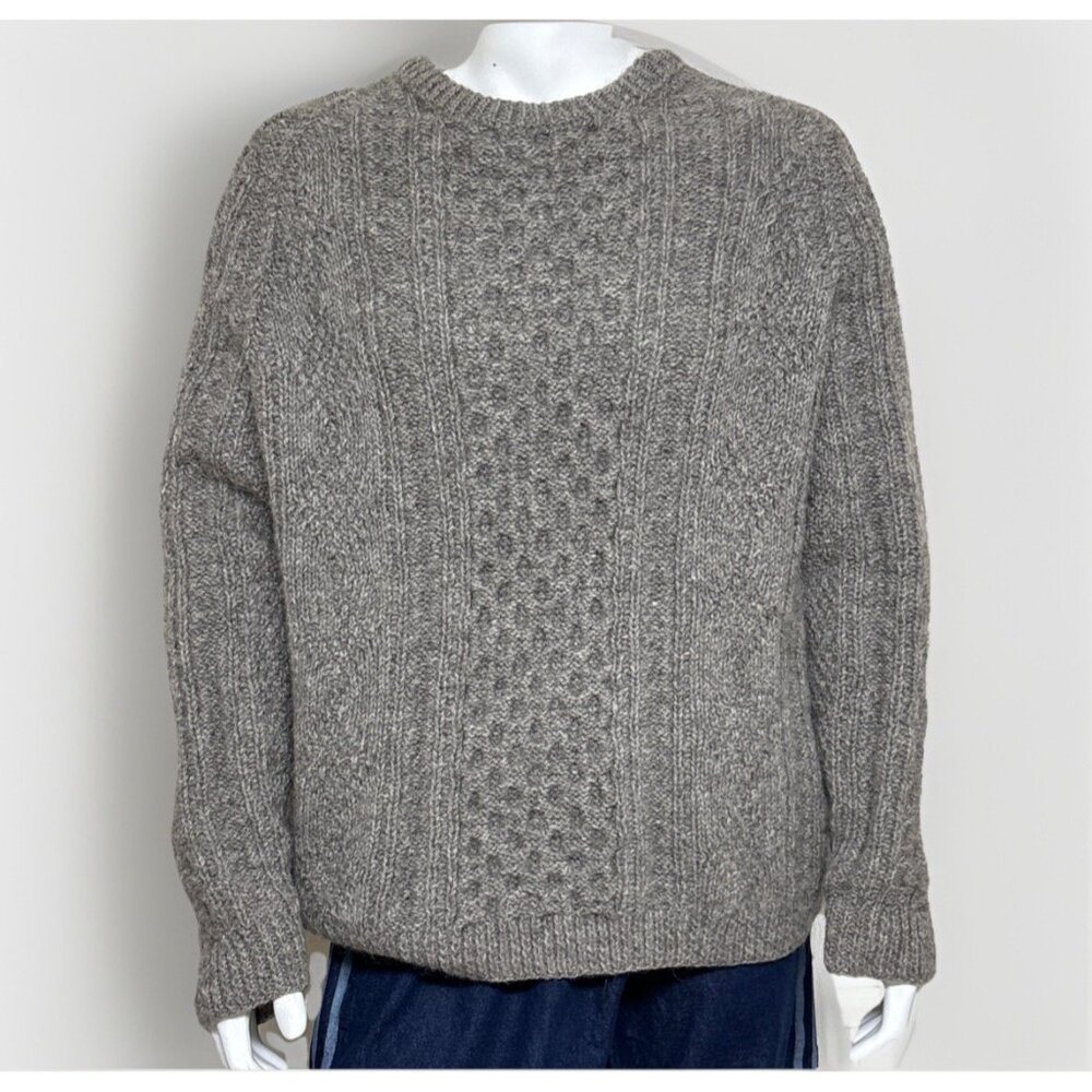 Handmade Fisherman Sweater Mens XL Gray Wool Cable Knit Crew Neck Heavyweight